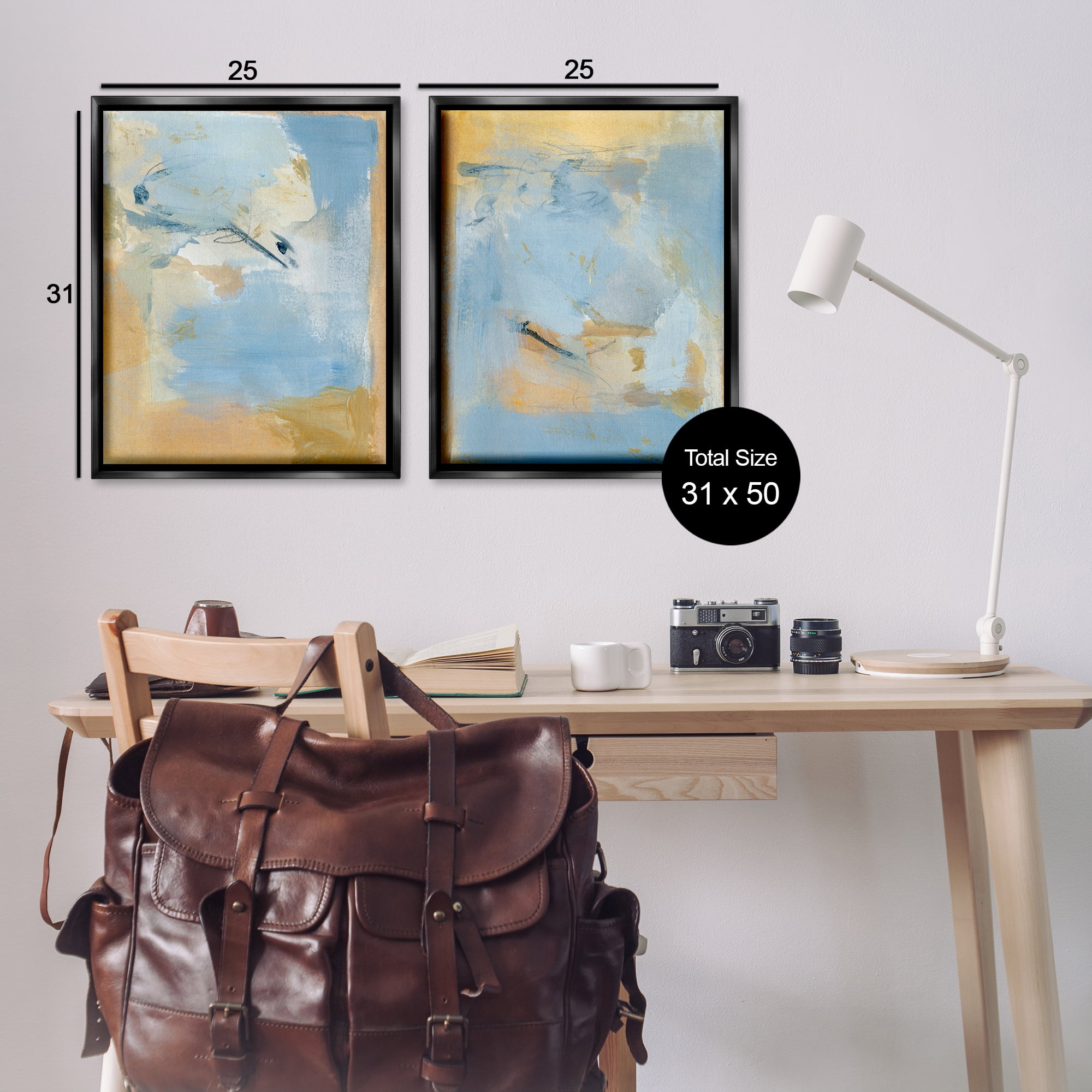 Stupell Industries Light Blue Pastel Gold Abstract Painting Black Floater Framed Canvas Art Print Wall Art, 31 x 25, Set of 2