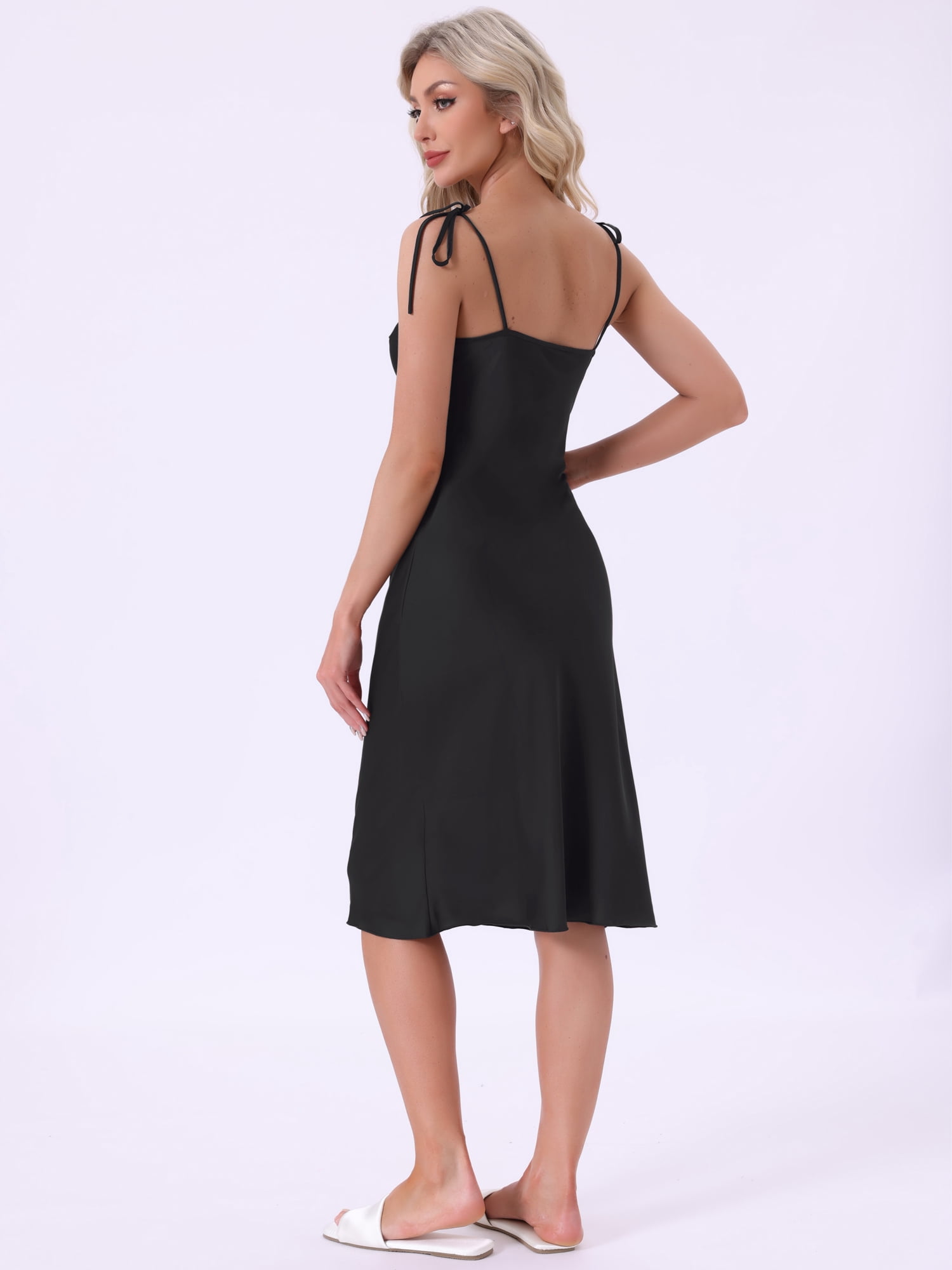 DARING DIVA Women's Satin Midi Spaghetti Adjustable Straps Silky Nightgown L Black