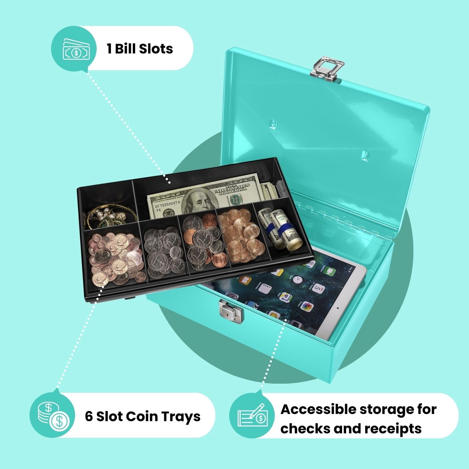 Flexzion Cash Box with Money Tray and Lock - Metal Money Box for Cash Storage with Secure Latch Lock & Key - Blue Petty Cash Box with 7 Compartment Money Tray for Small Businesses, 11x7.7x3.5 Inches