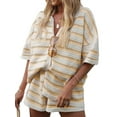 thumbnail image 1 of FOCUSNORM Women Pajamas Set 2 Pieces Loungewear Suits Stripe Contrast Color Button Crochet Knit Tops and Shorts Lounge Sets, 1 of 9