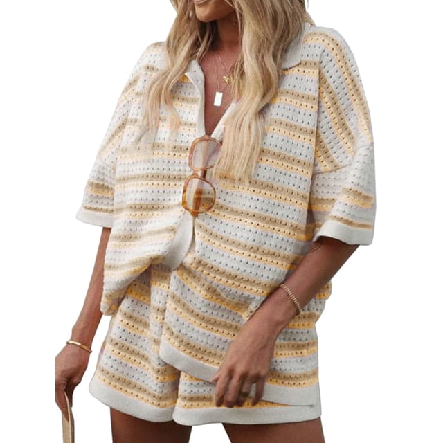 FOCUSNORM Women Pajamas Set 2 Pieces Loungewear Suits Stripe Contrast Color Button Crochet Knit Tops and Shorts Lounge Sets