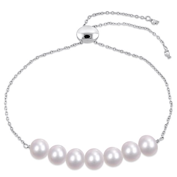 AMOUR 7.5-8mm Freshwater Cultured Pearl Adjustable Bolo Bracelet In Sterling Silver