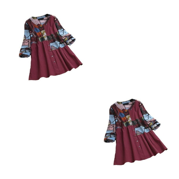 Qarigey Blusa de manga larga con cuello y estampado extragrande para mujer de primavera Vino Tinto/XXXXL 2piezas Qarigey CBP336563