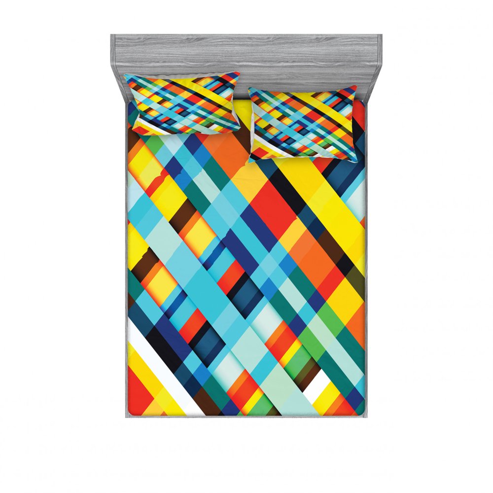 Colorful Bedding Set with Sheet & Covers, Vivid Colored Lines Stripes with Diagonal Elements