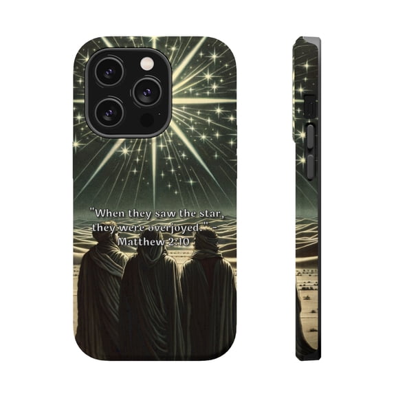 DistinctInk Tough Case for Apple iPhone 14 PRO (6.1" Screen), Compatible with MagSafe Charging - "Matthew 2:10 - Overjoyed at the sight of the star"