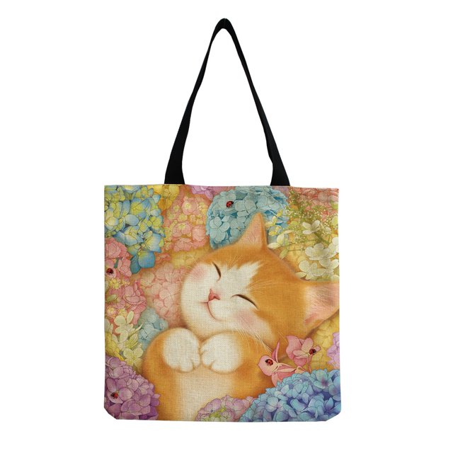 Graphic Cartoon Cat Print Canvas Bag, Lightweight Shoulder Bag, Versatile Shopper Bag