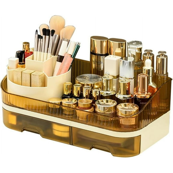 Makeup Organizer Countertop - Dual Drawer Cosmetic Storage with Spacious Compartments for Vanity, Holds 20 Brushes, 12 Lipsticks, 10 Skincare Bottles, Chic Modern Design