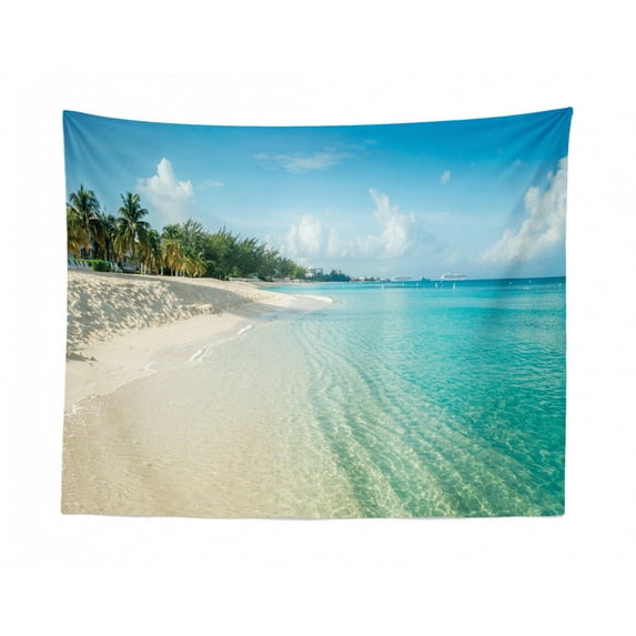 Island Tapestry, Image of Beach Houses on Water with Palm Trees at Exotic Isle Art, Fabric Wall Hanging Decor for Bedroom Living Room Dorm, 2 Sizes, Night Blue and Multicolor, by Ambesonne