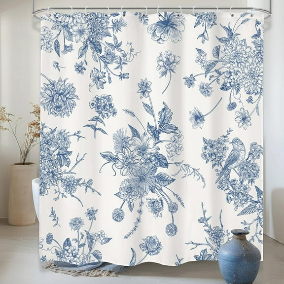 Blue Floral Shower Curtain 72Wx72H Inches,Boho Vintage Navy and White Flowers Bathroom Curtains,Decorative Bird Farmhouse Shower Curtain Set,Chinoiserie Aesthetic Bathroom Decor with Hooks