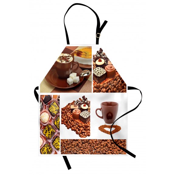 Kitchen Apron Collection of Chocolate Sweets Muffins Coffee Beans and Mugs Cappuccino Pastries, Unisex Kitchen Bib Apron with Adjustable Neck for Cooking Baking Gardening, Multicolor, by Ambesonne