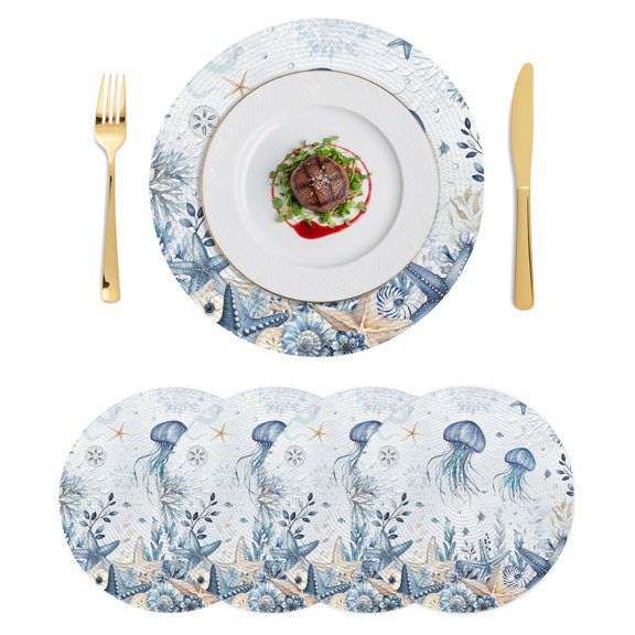 Round Placemats Blue Jellyfish Coastal 15 inch Set of 4 Table Mats for Dining Table Boho Beach Starfish Coral Botanical Heat Resistant Non-Slip Kitchen & Home Decorative Place Mat Set