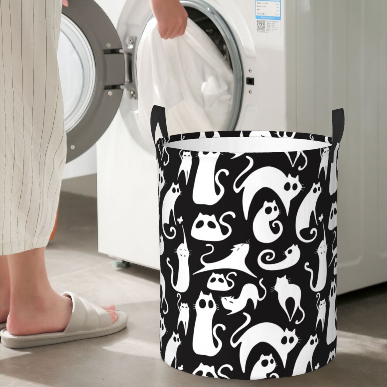 Large Laundry Basket with Handles - Abstract Cute Cat White Kids Baby Dirty Clothes Laundry Hamper for Bedroom Aesthetic