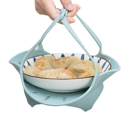 

Silicone Steamer Basket Air Holes Design with Feet and Handle for Stock Pots Blue