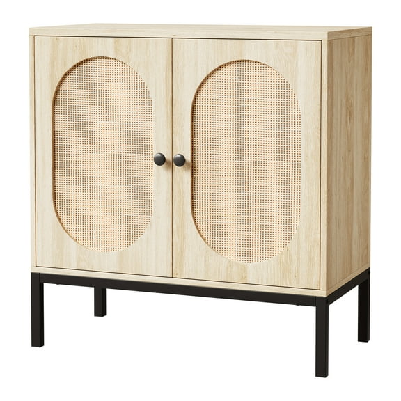 Goldensoil Rattan Storage Cabinet, 2-Tier Shelf Sideboard, Kitchen Sideboard Accent Cabinet, Beige