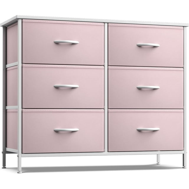 Songqin Dresser with 6 Drawers Fabric Storage Tower Organizer – Steel Frame, Wood Top, Easy Pull Bins for Bedroom, Closet, Hallway, Office-Pink