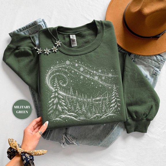 Vintage Winter Starry Night Sweatshirt, Nature Lover Christmas Cozy Gift, Cozy Holiday Pullover, Forest Hoodie, Snowy Pine Tree Crewneck