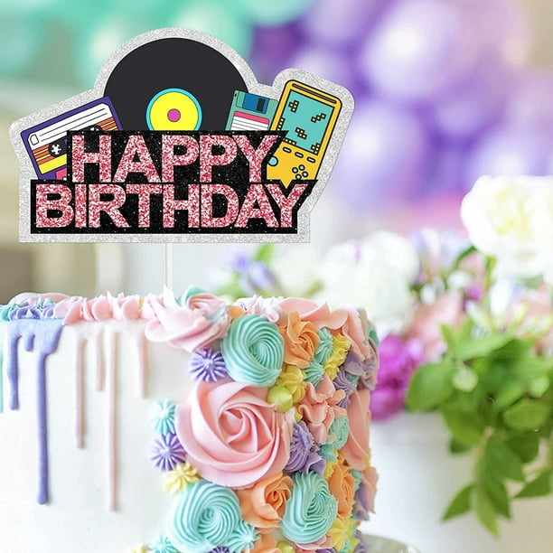 Joyeux anniversaire gâteau Topper jeu vidéo Radio rose paillettes rétro  thème de retour décorations bébé douche garçons filles homme femme fête d' anniversaire décor fournitures - - 