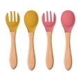 thumbnail image 1 of 4pcs wooden handle silicone spoon fork baby children fork spoon silicone fork spoon long handle fork spoon, 1 of 5