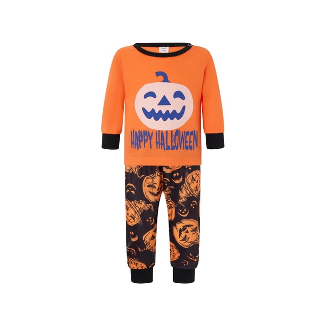 Argulvti Halloween Pajamas for Family Cute Pumpkin Pattern Long Sleeve Tops + Pants Set Fall Sleepwear