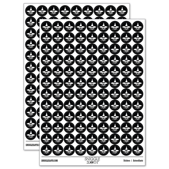 Jack-O'-Lantern with Witch Hat Halloween Pumpkin 200 Round Stickers - Black - Gloss Finish - 0.50" Size