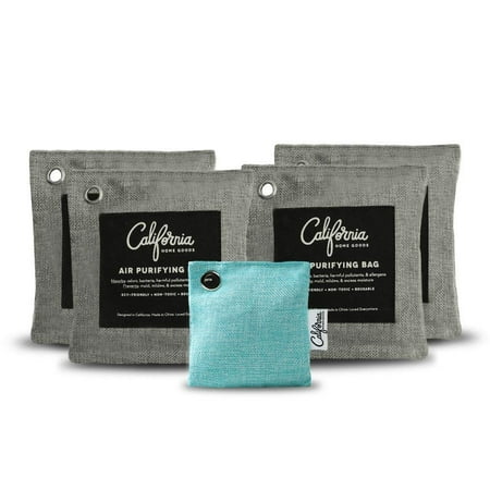 4-Pack Activated Bamboo Charcoal Bags Value Set with Refrigerator Bag, 4X 500 Grey Air Purifying Bags Plus 1x 60g Teal Natural Deodorizer Bag, Non-Toxic Unscented Odor Eliminator for Cars and