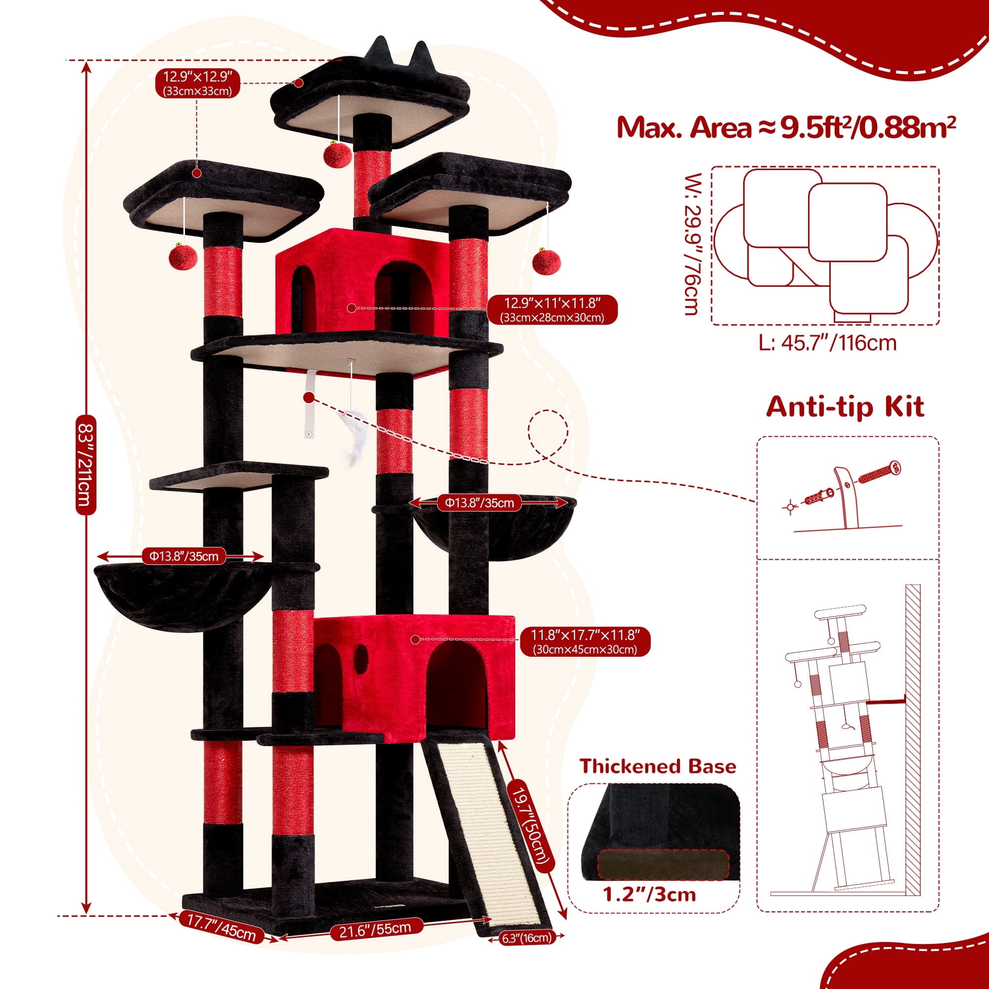 Globlazer 83 inch XXL Giant Cat Tree, Heavy Duty Tall Cat Tower for Large Indoor Adult Cats, Multi-Level Large Cat Condo with 8 Scratching Posts, 2 Cat Caves & 3 Platforms,Gothic