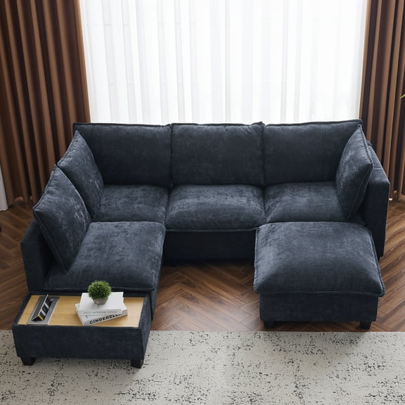Euroco 90" U-shaped Sectional Sofa Modular Sofa Couch with a Movable Ottoman , a Coffee Table with Hidden Charging Devices for Living Room, Blue