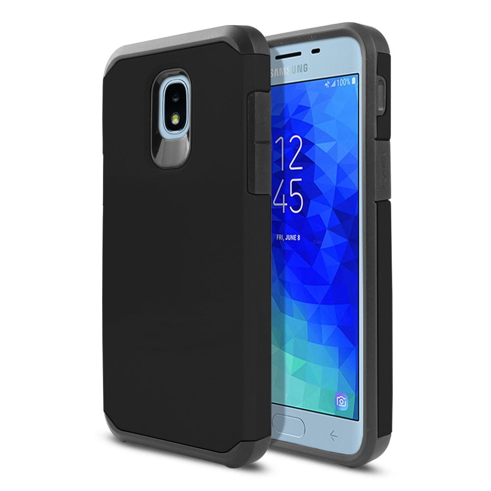 FINCIBO Hybrid Case Hard Plastic TPU Slim Back Cover for Samsung Galaxy J3 J337 2018, Black/Black