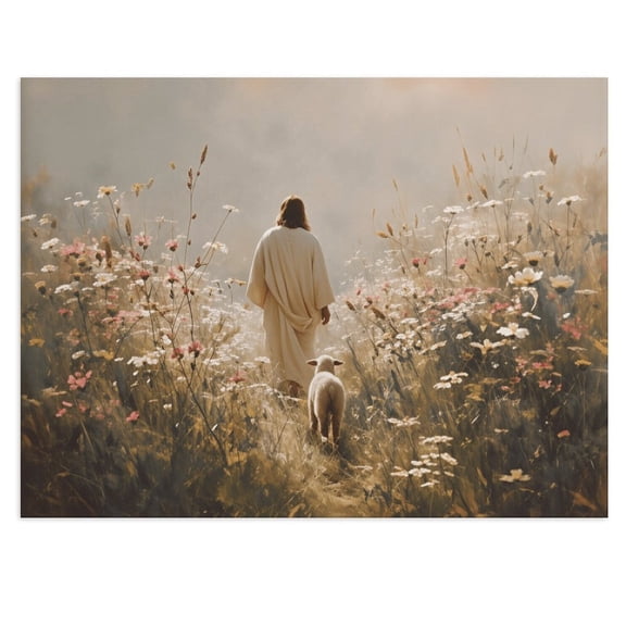 Potopok Jesus Leaves 99 Sheep Christian Canvas Wall Art, Bible Story Decor for Bedroom Prayer Room Church, 16x12 Inch