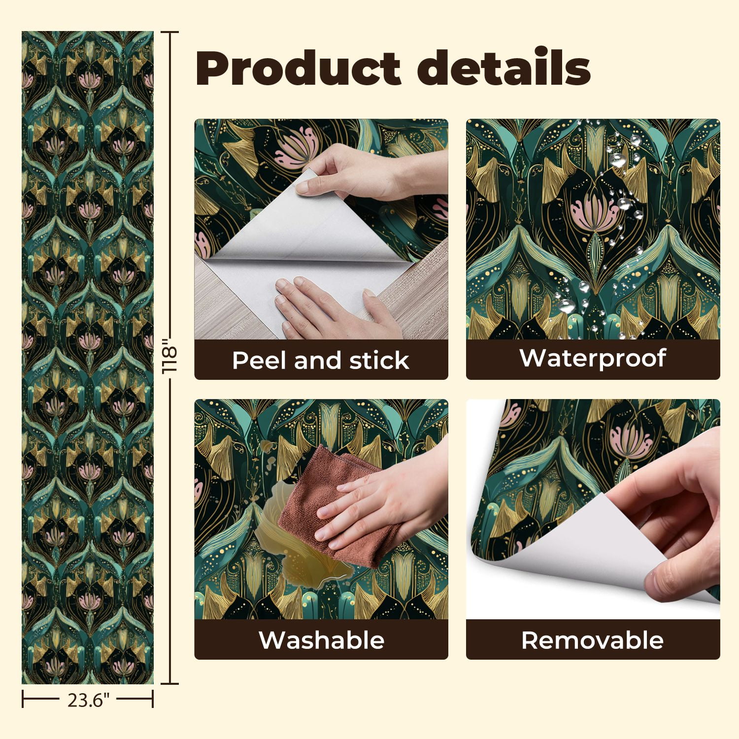Vintage Peel and Stick Wallpaper Elegant Floral Gold Teal Accents Wall Mural 23.6in x 9.8ft Self Adhesive Removable Wall Paper Renter Friendly Wallpaper for Nursery Bedroom Cabinets