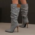 thumbnail image 5 of Knee High Boots For Women Stiletto High Heel Pointed Toe Applique Denim Boots Zipper Detachable Off Wide Calf Slouchy Ruched Panel Boots For Women, 5 of 6