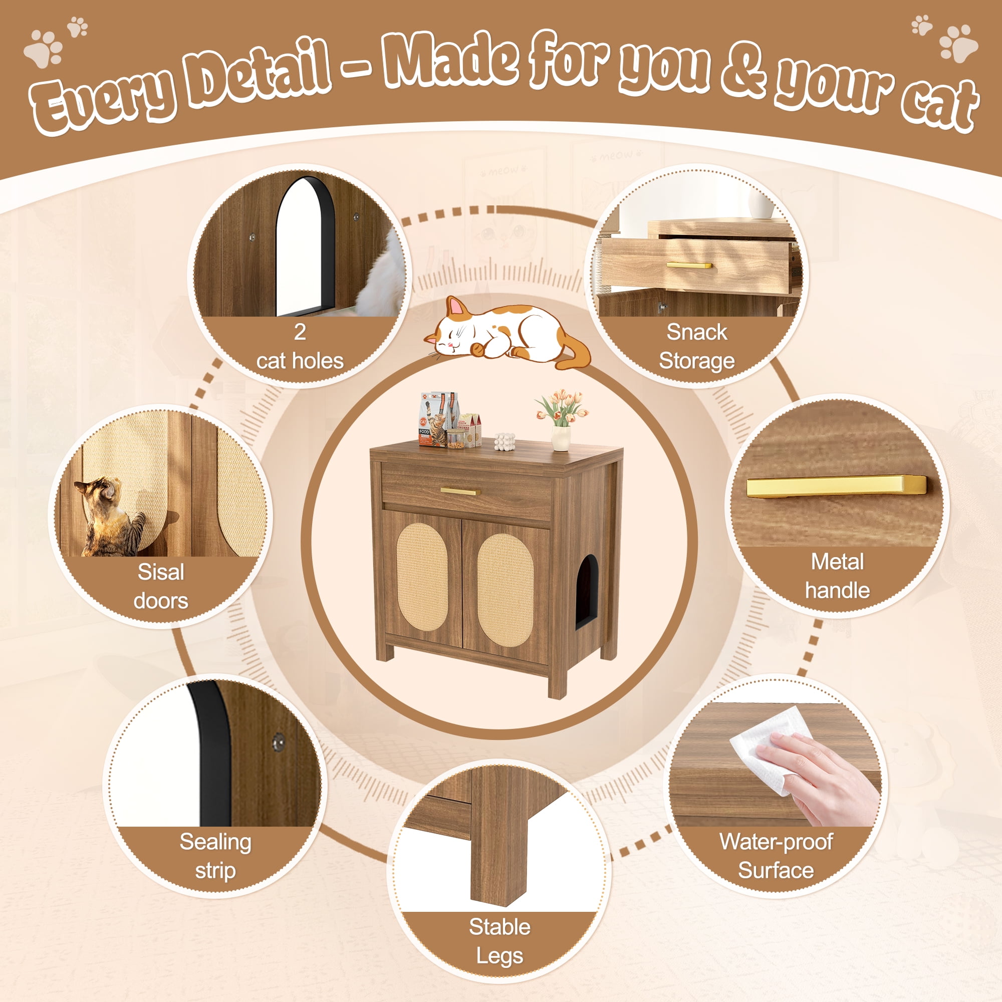 UPLLX Cat Litter Box Enclosure Furniture, Hidden Wooden Cat House with Scratching Doors, Storage Drawer, Side Table Cabinet, Espresso