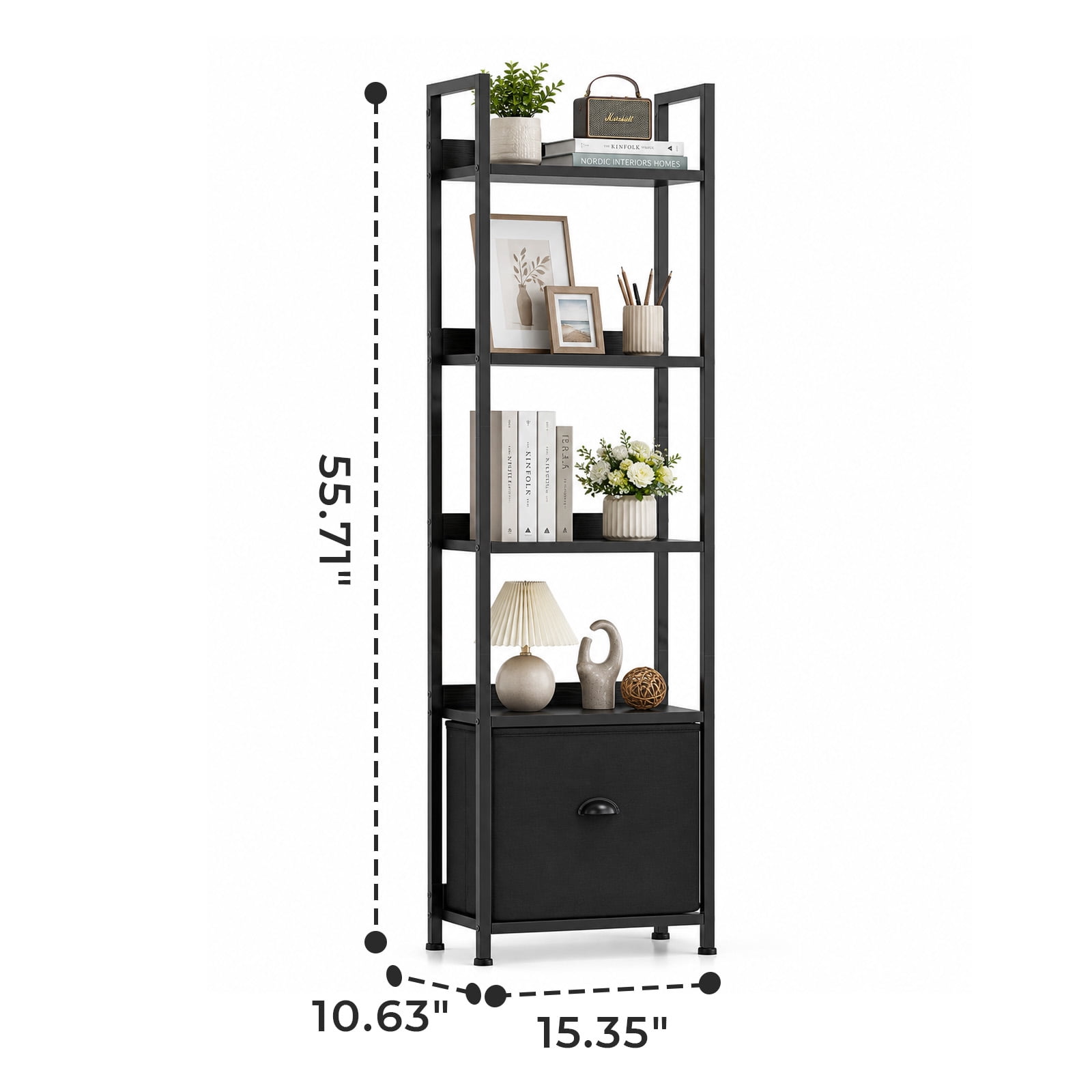 Alvantor 5-Tier Bookshelf, Industrial Bookcase with Drawer, Space-Saving Storage Bookcase for Bedroom, Living Room & Home Office