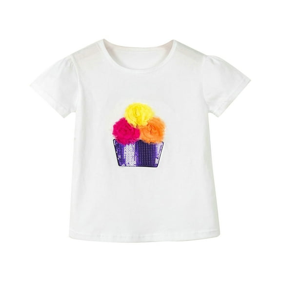 EnJoCho Kids Casual T-Shirt Toddler Kids Girls Solid White Basic Short Sleeve 3D Sequin Flower Pot Printed Clothing Children's Crew Neck Blouse Tops