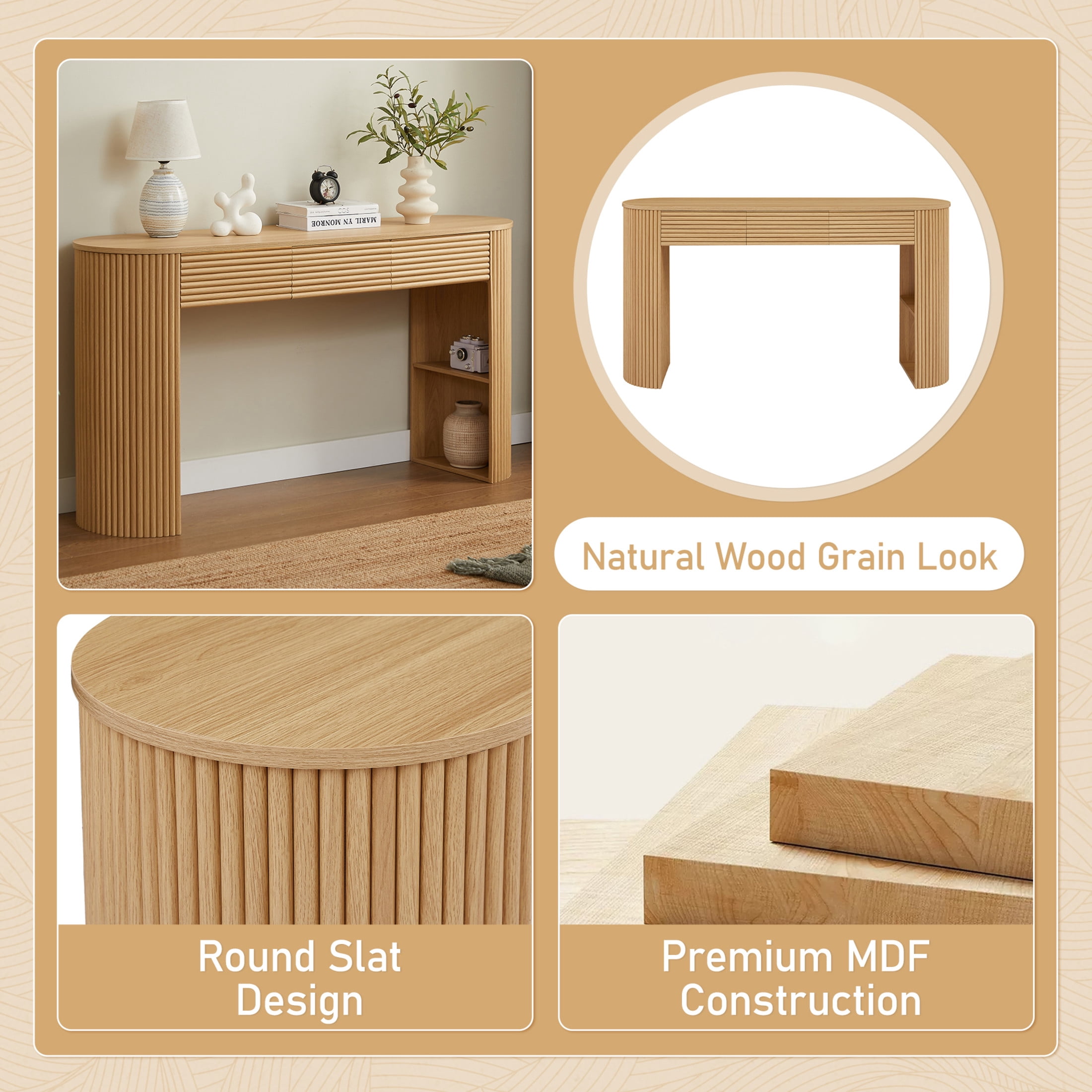Christopher Knight Home 59.8" Retro Console Table, MDF Entryway Storage Table with 3 Drawers, Natural