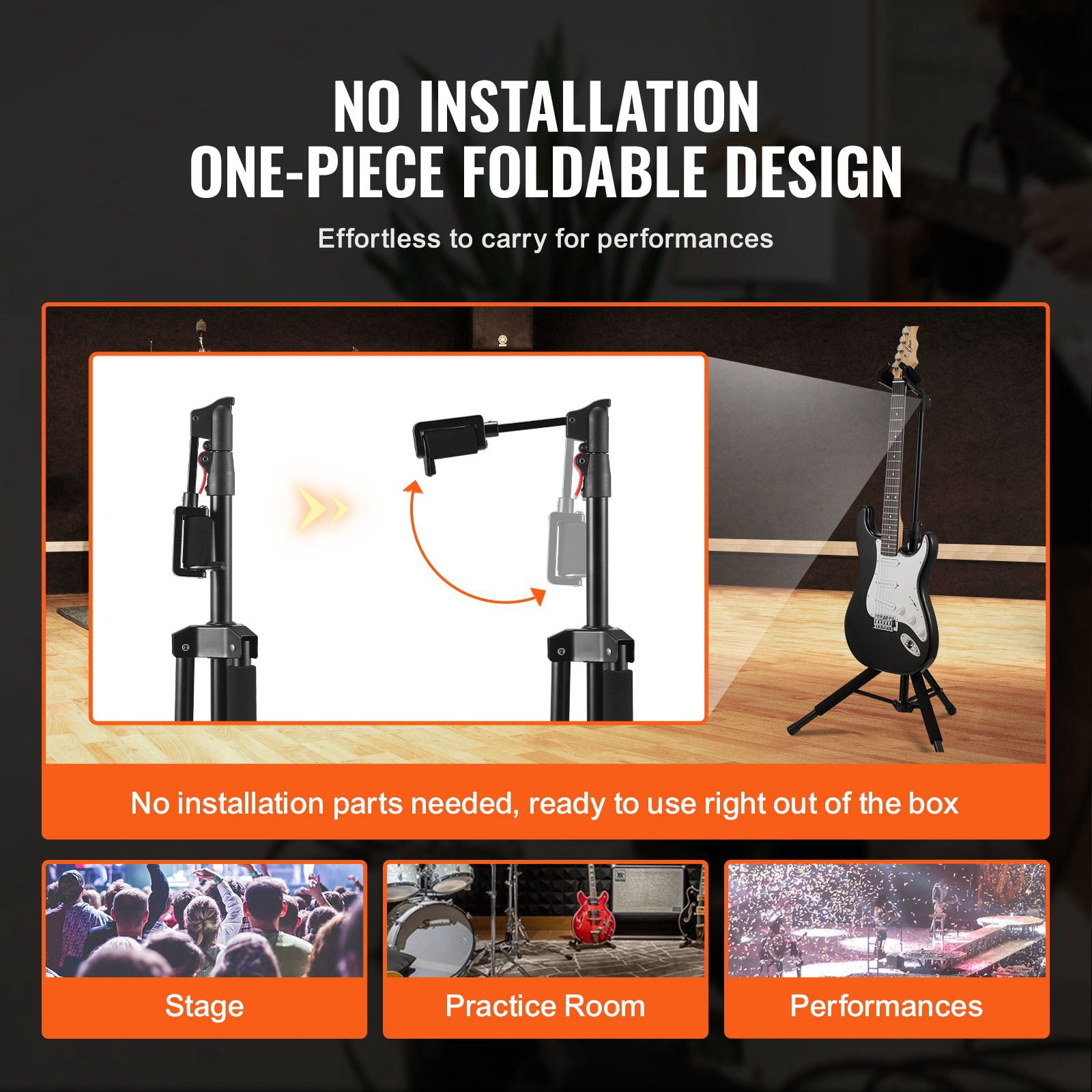 Floor-Standing Tripod Guitar Stand with Gravity Auto-Lock, Adjustable Height 35.4"-47.2", Foldable Design, Universal Fit for Acoustic, Electric & Bass Guitars