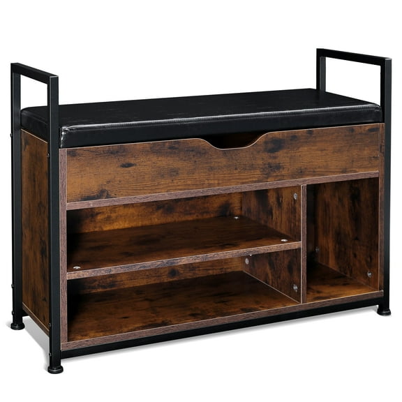 Melocadol Shoe Storage Bench with Padded Cushion, 35" Wood Shoe Rack for Entryway, Bench Organizer with Flip-Open Storage Drawer and Hidden Compartment, Ideal for Mudroom, Hallway, Rustic Brown