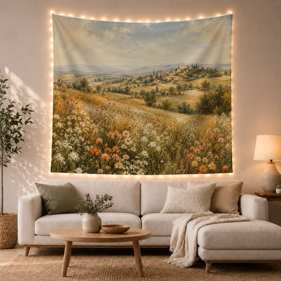Wildflower Meadow Landscape with Rolling Golden Hills, Serene Vintage for Nature Lovers, Botanical Wall Decor, Housewarming Gift, Tapestry Wall Hanging for Bedroom and Living Room