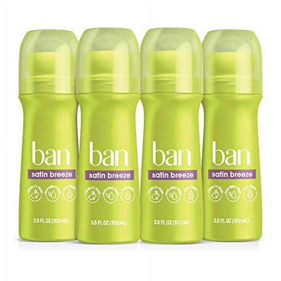 Ban Satin Breeze 24-hour Invisible Antiperspirant, 3.5oz Roll-on Deodorant for Women and Men, 4-pack, Underarm Wetness Protection, with Odor-fighting Ingredients