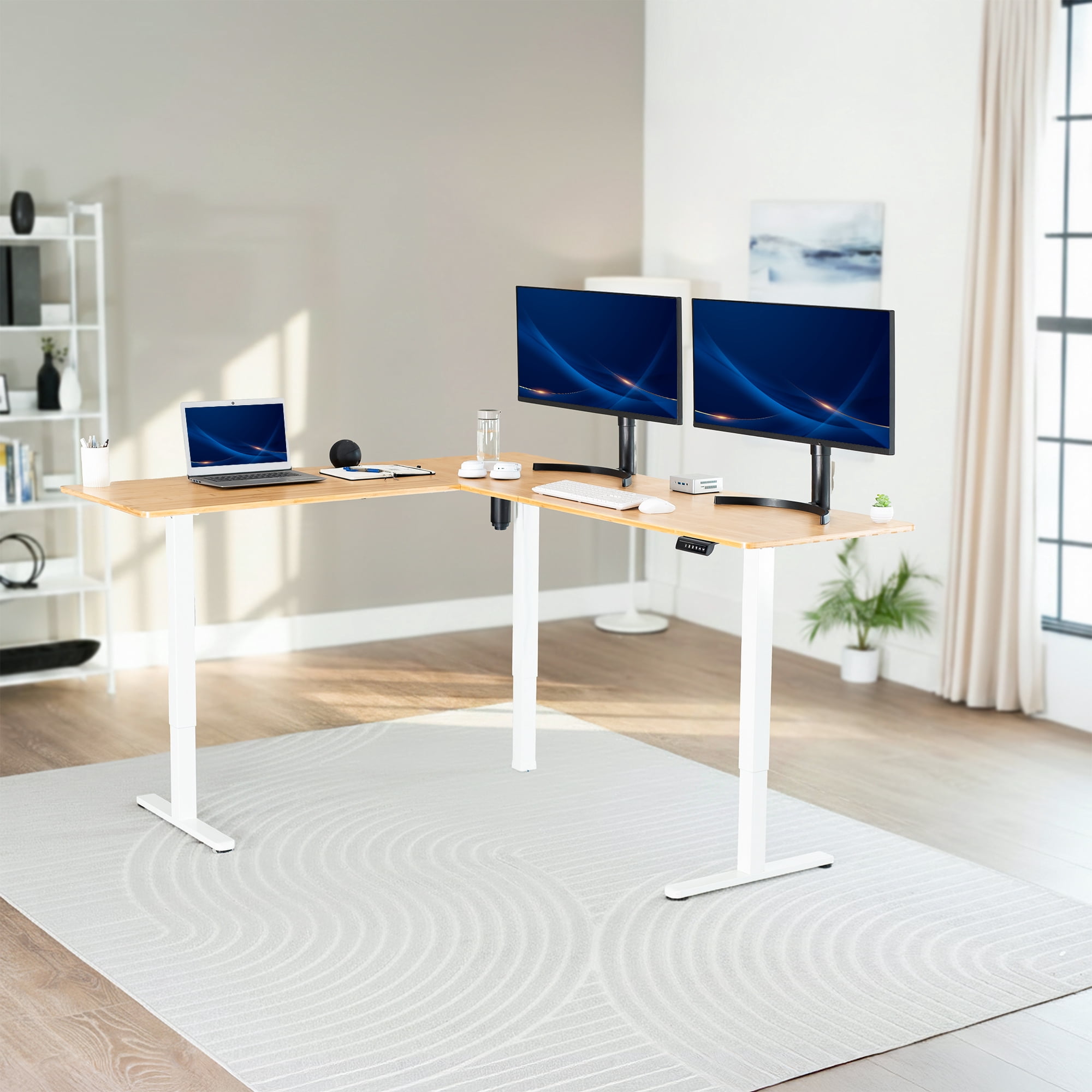 VIVO Bamboo / White Electric 75" x 63" Corner Desk Workstation
