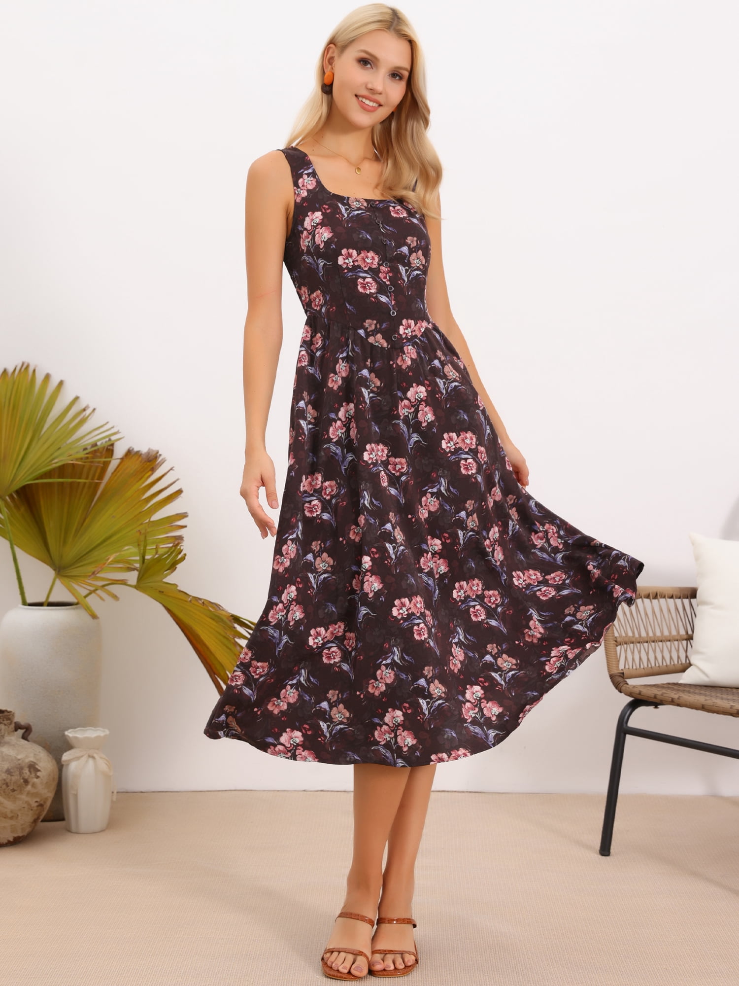 DARING DIVA Women's Floral Tank Square Neck Smocked Midi Dress XS Brown Red Floral
