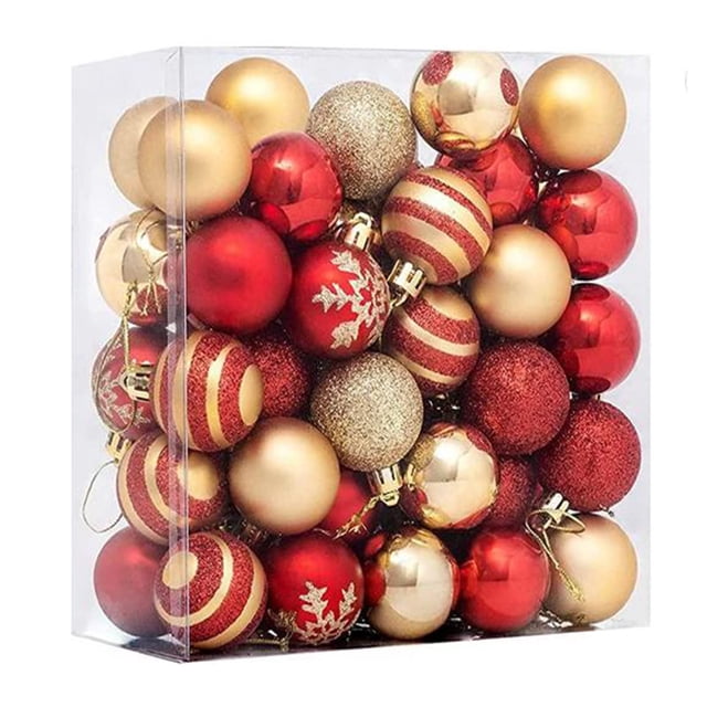 50 piezas de bolas navideñas de 40 mm Adornos para árbol de Navidad de oro rojo Adornos para árbol de Navidad irrompibles con cuerda Adecuado para decoración de fiesta navideña