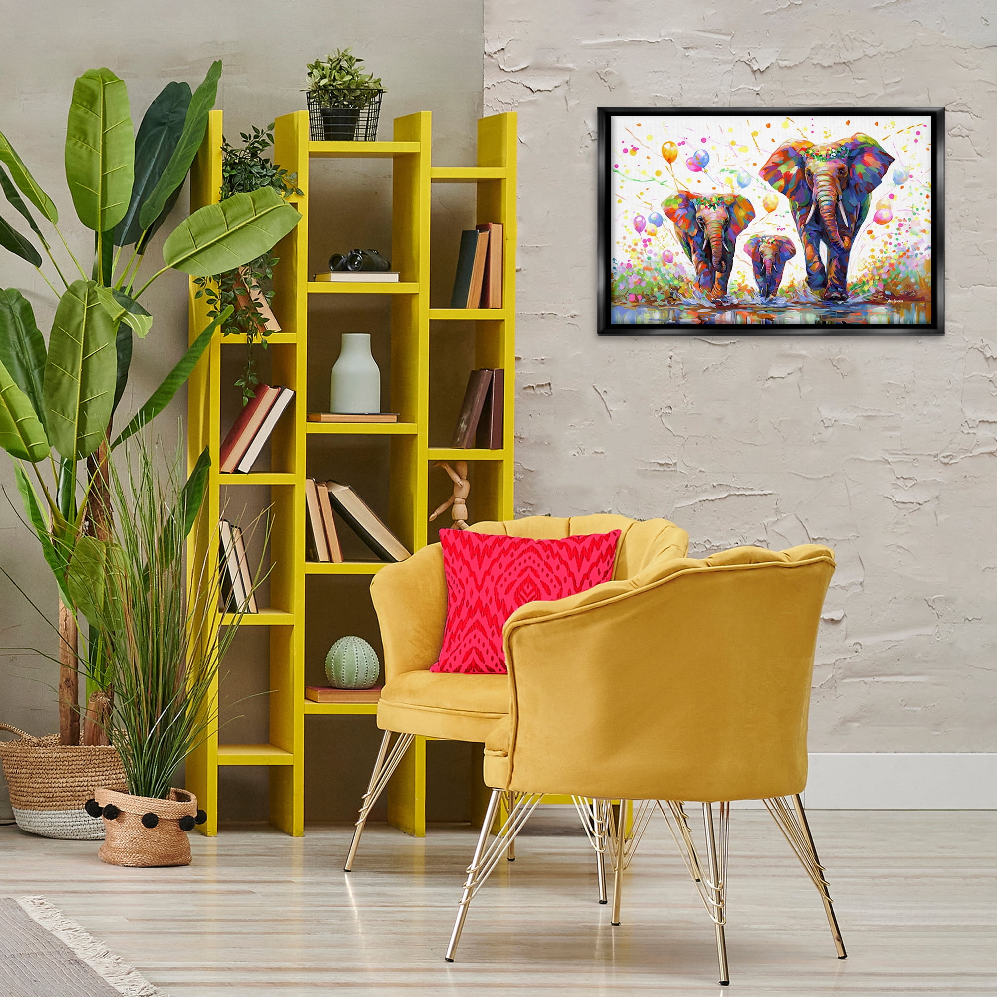 Stupell Industries Elephants & Celebration Balloons Animals & Insects Painting Black Floater Framed Canvas Art Print Wall Art, 25 x 17