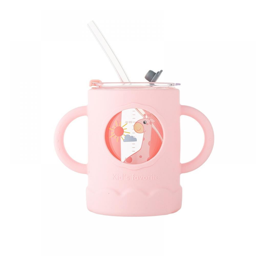 Milk Cups for Kids-Glass Mug with Straw and Lid Spill Proof Coffee Mug Kids  Cup Non-Slip Handle Milk Glass (350 ml-Multi Design)