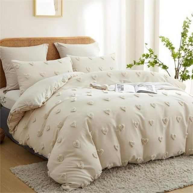 Nayoroom 3 Pieces Beige Tufted Heart Dot Queen Duvet Cover Boho Ultra Soft Jacquard Embroidery Shabby Chic Washed Microfiber Bedding Set