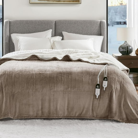 Degrees of Comfort Heated Blanket  Queen Size Soft Sherpa & Flannel Electric Throw with 6 Heat Settings, 10-Hour Auto Shut-Off, Overheat Protection, ETL Certified, 84"x90" for Winter Warmth, Beige