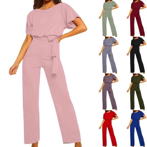 FRSASU Women Dressy Overall Jumpsuit 2 Piece Outfits Casual Crew Neck Short Sleeve Tie Waist Work Business Rompers Pink