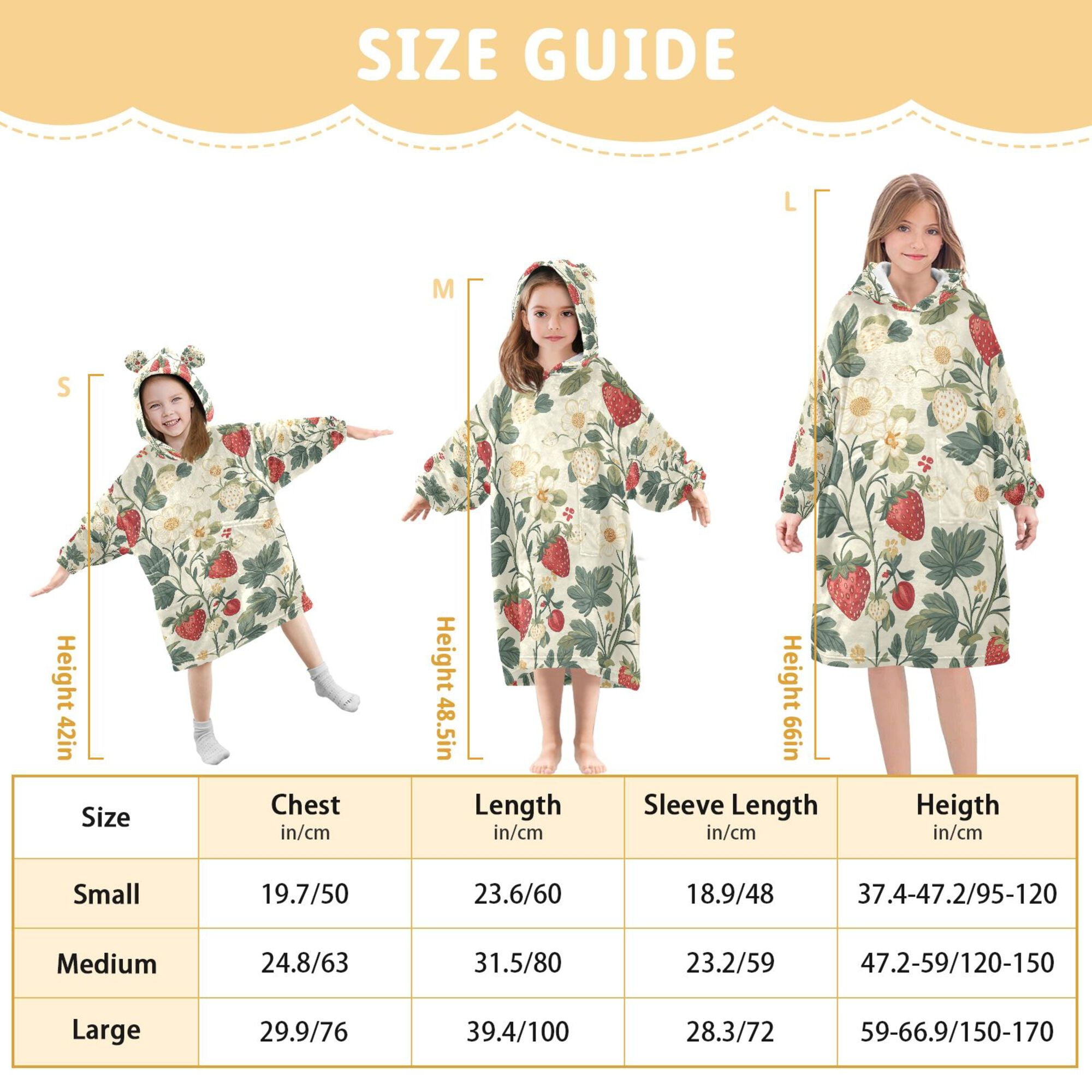 FORMRS Wearable Blanket Hoodie with Sleeves for Kids Cozy Flannel Sweatshirt, Small Strawberry Pattern