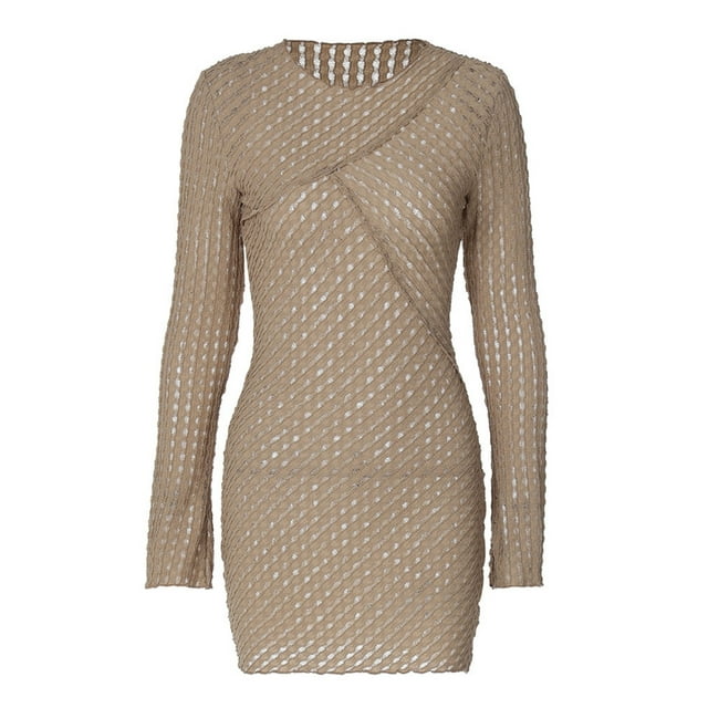 Robe Débardeur Texturée à Encolure Dégagée à Manches Longues pour Femmes, Robe Moulante Courte, Kaki, P