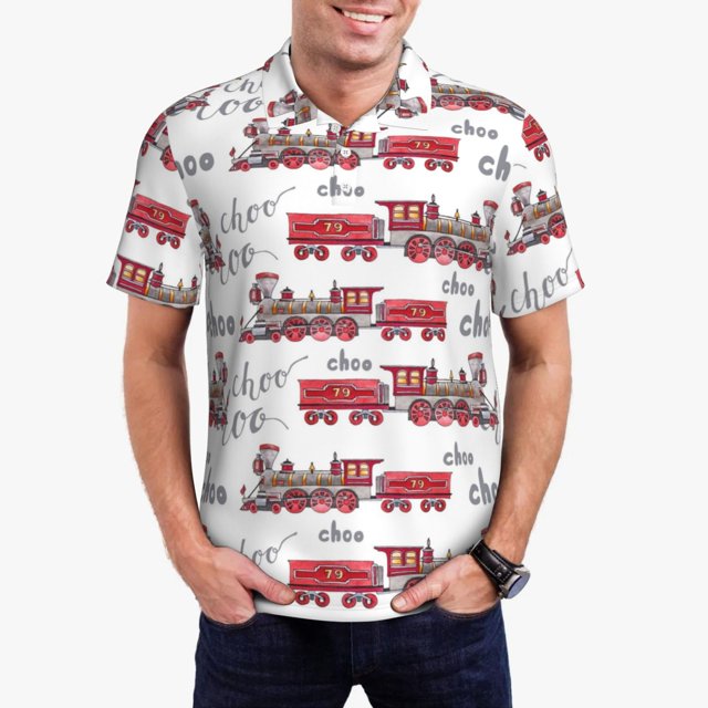 Saiise Retro Train Print Mens Golf Shirt Moisture Wicking Quick-Dry Print Performance Polo Shirts for Men-Large